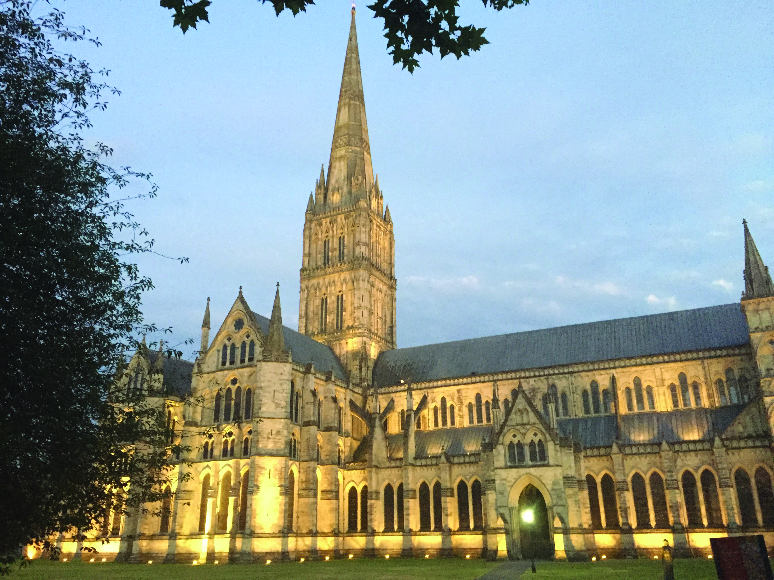 Salisbury Cathedral at dusk. This glorious church was built in just 38 years, from 1220 to 1258.